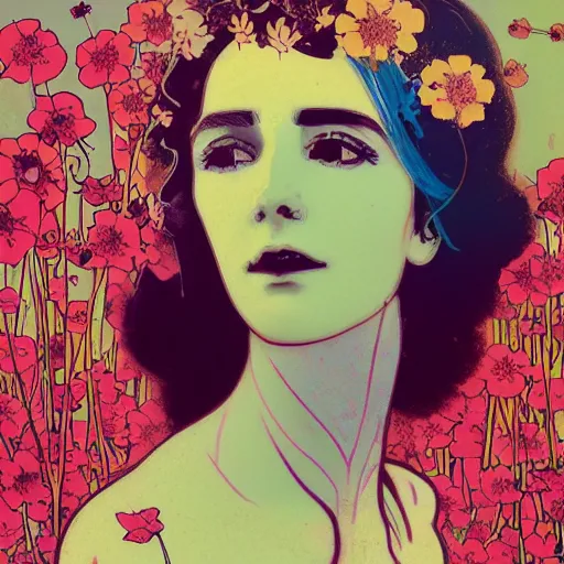 Image similar to a beautiful painting of a girl in a field of flowers by andy warhol and conrad roset and alphonse mucha and nekro and greg rutkowski. colorful comic, film noirs, symmetry, sharp lines, hyper detailed. octane render. trending on artstation