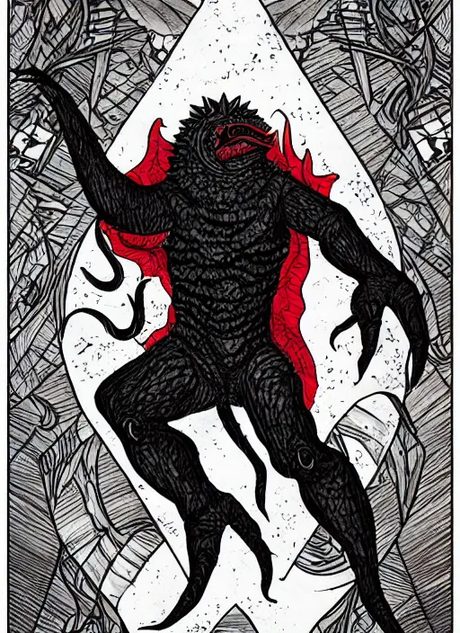 Prompt: tarot card illustration for the tarrasque, modern reimagining, digital art, stylish, black and red, sharp inks, trending on artstation