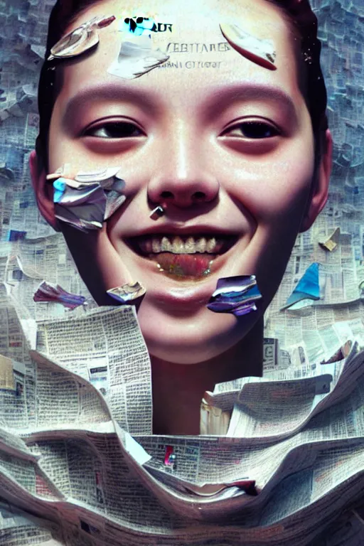 Image similar to 3 d, close - up, smiling fashion model, newspaper, tears, poster art, intricate oil painting, high detail, figurative art, multiple exposure, poster art, 3 d, by stanley kubrick and tooth wu and wlop and beeple