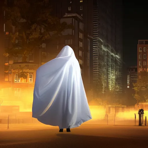 Prompt: digital portrait of ghost under a sheet, floating over a city sidewalk, city night lights, spooky Halloween fun, trending on artstation, 8k, 4k, volumetric lighting, unity