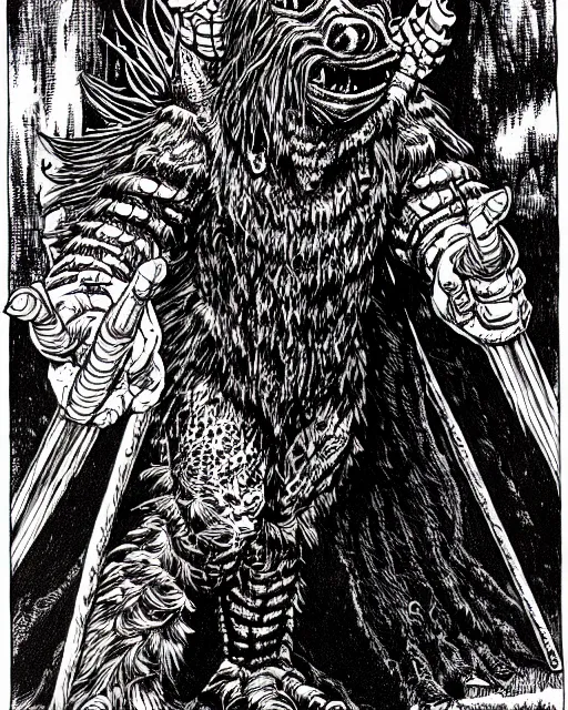 Prompt: alf as a d & d monster, pen - and - ink illustration, etching, by russ nicholson, david a trampier, larry elmore, 1 9 8 1, hq scan, intricate details, high contrast, no background