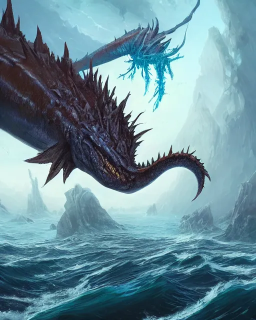 Image similar to A monstrous giant sea dragon in the middle of the sea, fantasy art, in the style of greg rutkowski, illustration, epic, fantasy, intricate, hyper detailed, artstation, concept art, smooth, sharp focus, ray tracing