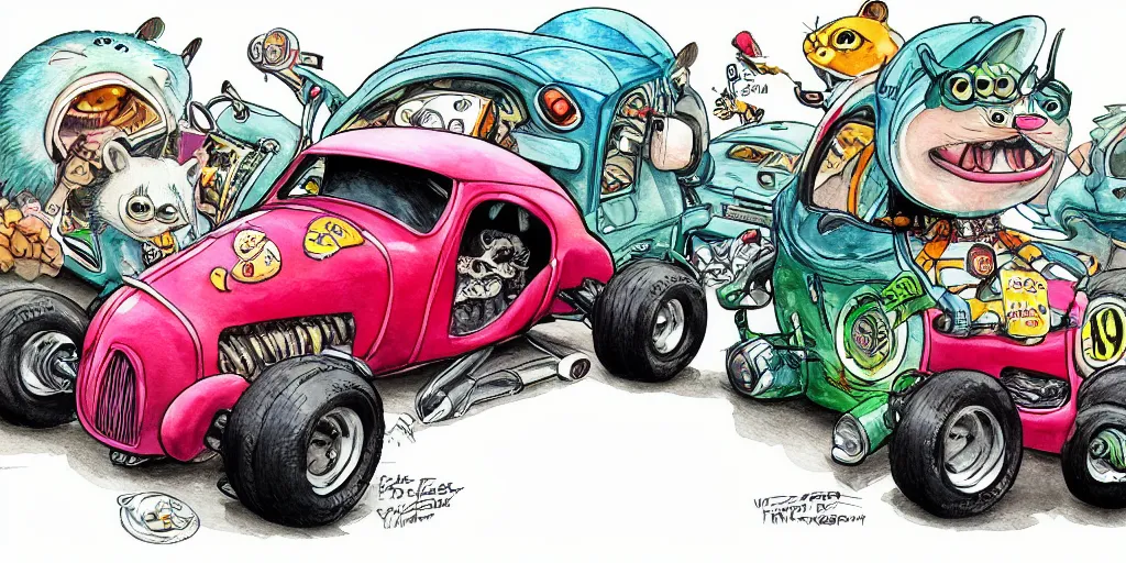 Image similar to racoon riding in a tiny hot rod coupe with oversized engine, ratfink style by ed roth, centered award winning watercolor pen illustration, by chihiro iwasaki, edited by range murata