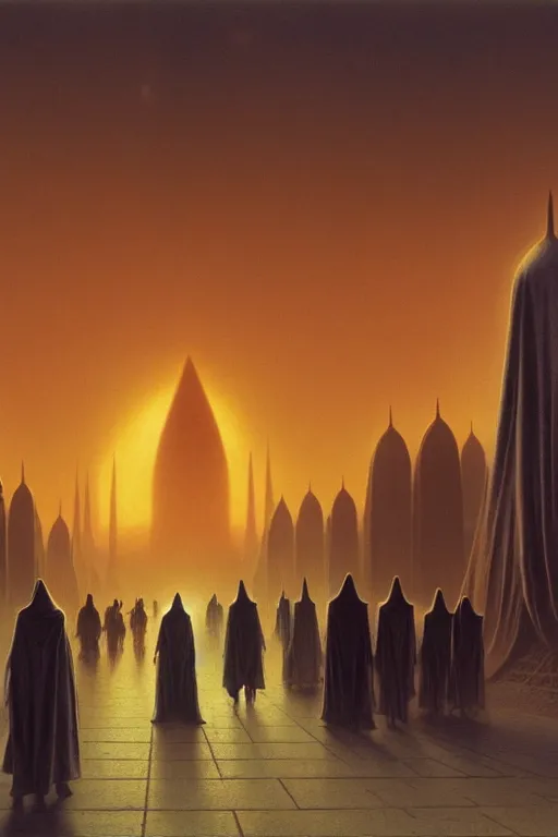 Image similar to emissary a line of people in hooded outfits holding lights walking into a large city on the planet dathomir by arthur haas and bruce pennington and john schoenherr, cinematic matte painting, 8 k, dark color palate