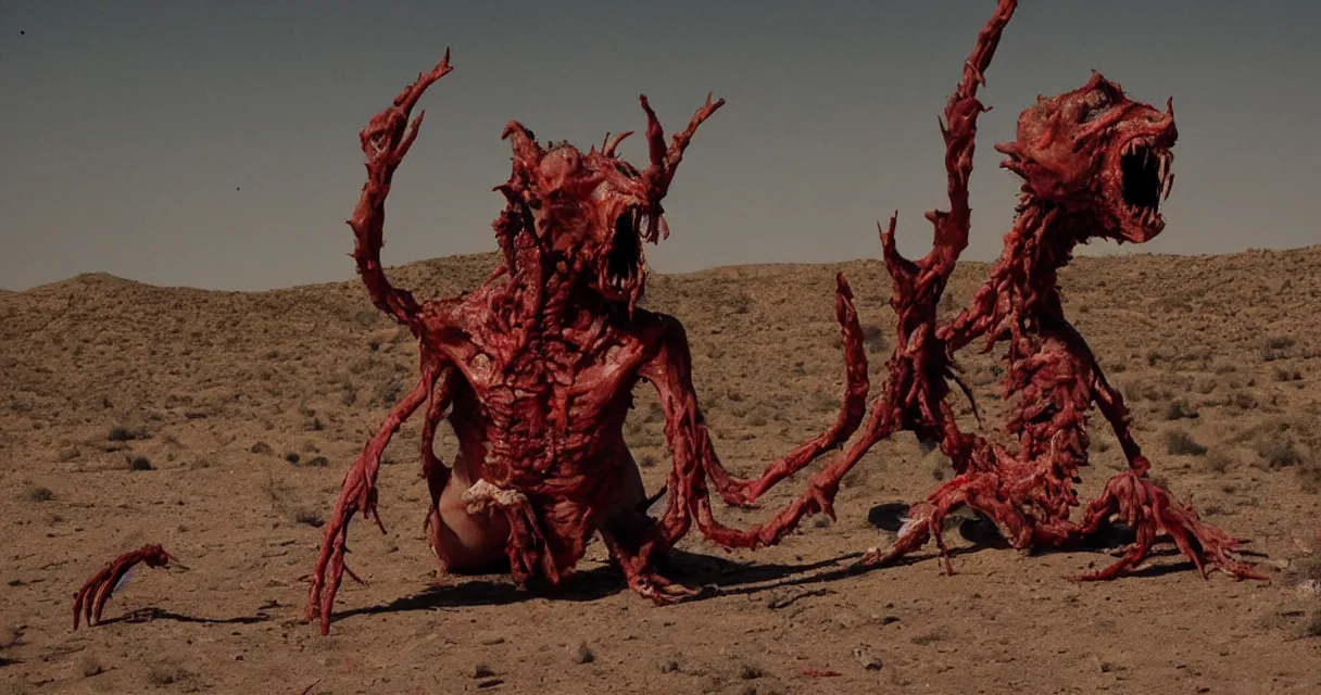 Image similar to in the desert a bloody gross horrifying The Thing creature made of muscle and bone and blood stares at the camera, eating, mid day, 35mm photography, realistic,