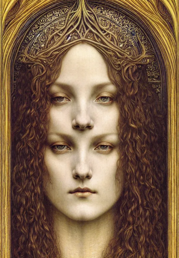 Image similar to detailed realistic beautiful young medieval queen face portrait by jean delville, gustave dore and marco mazzoni, art nouveau, symbolist, visionary, gothic, pre - raphaelite. horizontal symmetry