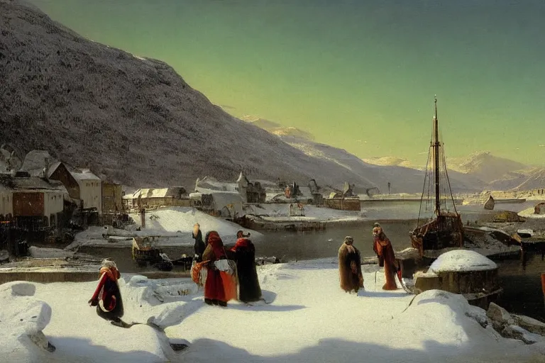 Prompt: Tromsø in winter painted by Ludwig Deutsch and Rudolf Ernst, strong dramatic cinematic lighting, smooth, sharp focus, aurora borealis, extremely detailed