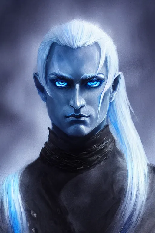 Prompt: male drow with white hair in a pony tail and a goatee and glowing blue eyes wearing black leather armor, fantasy, intricate, elegant, highly detailed, digital painting, artstation, concept art, matte, sharp focus, distressed watercolor illustration, epic fantasy, moody, dark mood, digital watercolor painting