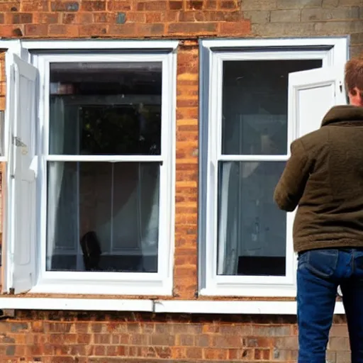 Image similar to many builders inspecting and discussing sash window, dramatic