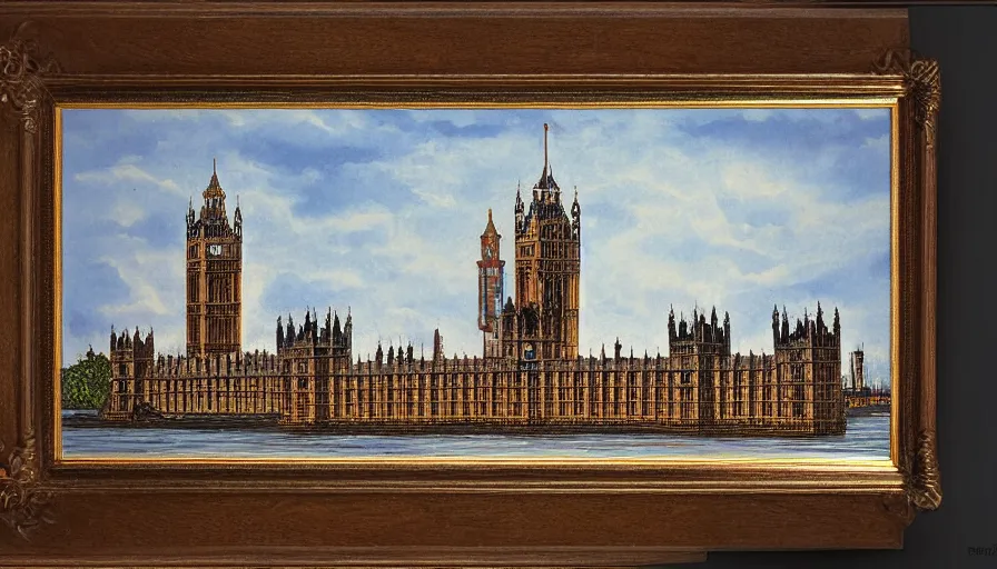 Image similar to Palace of Westminster, illustrated by Bob Ross, very detailed