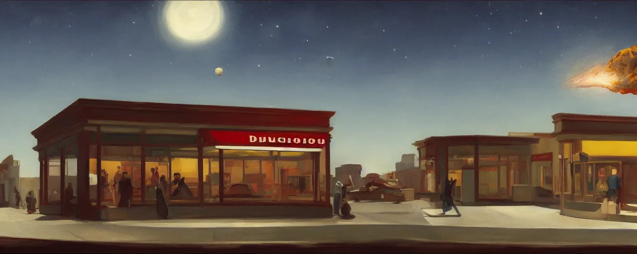 Prompt: car outside drugstore with giant meteor streaking through sky, by edward hopper, by, by theodore gericault, dark, unsettling, unreal engine 4 k hd masterpiece trending on artstation, nightcafe, mysterious, drab, dystopian