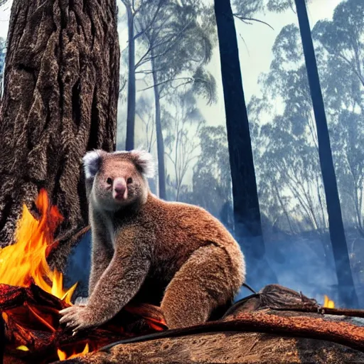 Image similar to Prime Minister Scott Morrison in front of a forest fire, not holding a hose, smoke, , cinematic, hyper realism, high detail, vivid colors, octane render, unreal engine, 8k, koala bear in tree