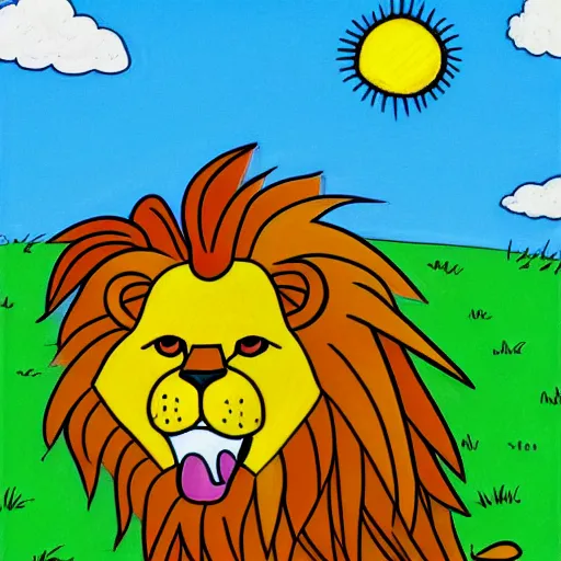 Prompt: Children's drawing of a lion a simple rounded line in a meadow, style simpsons, sharp focus, illustration, ArtStation