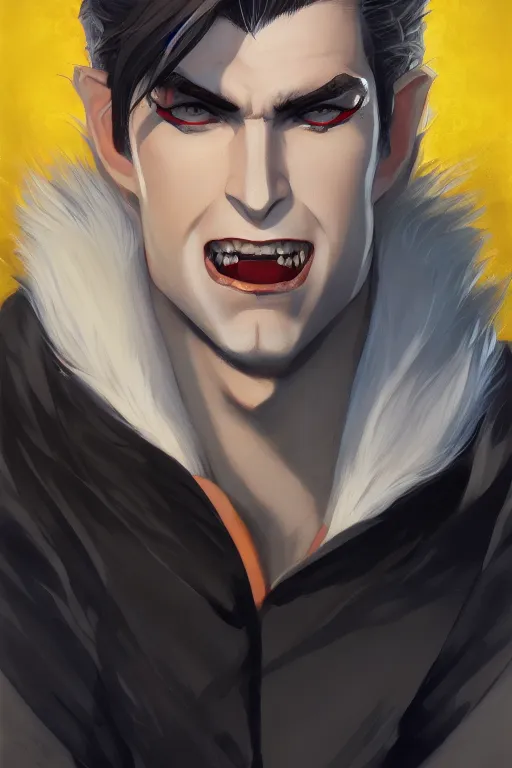 Image similar to beautiful painting of a smug smiling male vampire by kuvshinov Ilya, handsome face, dark coat, white hair, golden eyes, , trending on artstation, pixiv, 4k, HDR, unreal engine