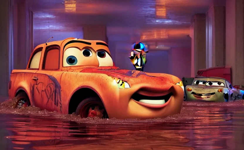 Prompt: mater from cars in a flooded fractal hallway, romance novel cover, in 1 9 9 5, y 2 k cybercore cutecore, low - light photography, still from a pixar movie