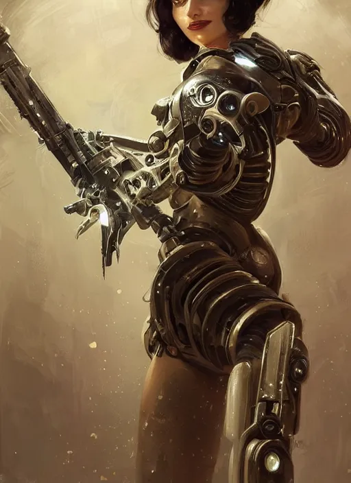 Prompt: a professional painting of a beautiful young female, clothed in cybernetic military armor, olive skin, long dark hair, beautiful bone structure, symmetrical facial features, intricate, elegant, digital painting, concept art, smooth, sharp focus, illustration, from Bioshock, by Ruan Jia and Mandy Jurgens and Artgerm and William-Adolphe Bouguerea
