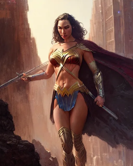 Prompt: lindsey pelas and gal gadot, character portrait, concept art, intricate details, highly detailed by greg rutkowski, gaston bussiere, craig mullins, simon bisley