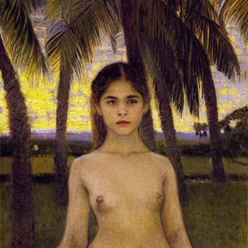 Prompt: a ultradetailed beautiful painting of a girl at night on the amazonas palace by jules bastien - lepage, hans belmer, frank weston and gustave baumann, trending on artstation, mediterranean, palm trees, light sparkles, sharp focus, soft light, 8 k 4 k