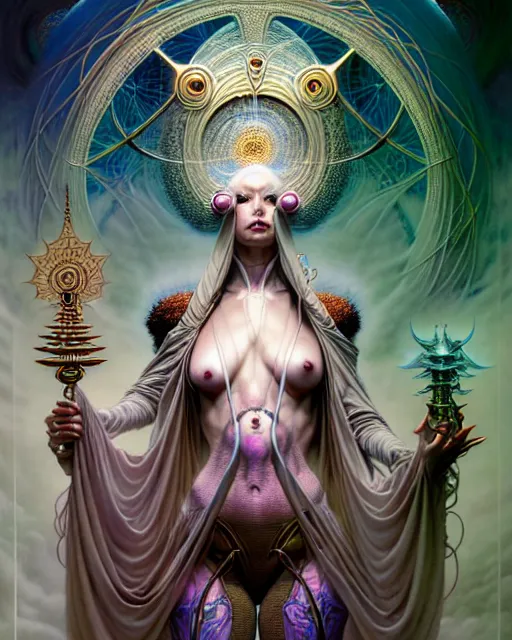 Prompt: the high priestess tarot card, fantasy character portrait made of fractals, ultra realistic, wide angle, intricate details, the fifth element artifacts, highly detailed by peter mohrbacher, hajime sorayama, wayne barlowe, boris vallejo, aaron horkey, gaston bussiere, craig mullins
