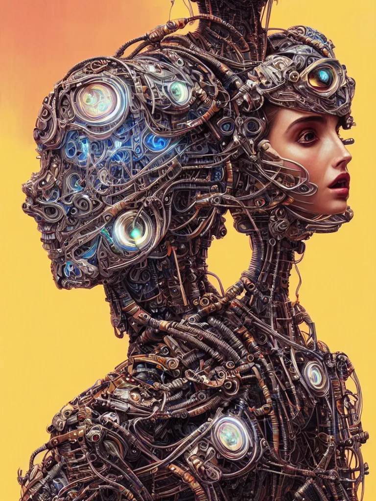 Prompt: Portrait of Ana de Armas wearing epic bionic cyborg implants of different colors, detailed intricate ornate cables connected to head, by Dan Mumford and Naoto Hattori, extremely beautiful and proportionate face, in the aesthetic of mert and marcus, masterpiece, intricate, elegant futuristic wardrobe, highly detailed, digital painting, Blade Runner, artstation, concept art, crepuscular rays, smooth, sharp focus, illustration, background is made of stars and vibrant space nebula, cyberpunk colors, volumetric lighting, art by artgerm and james jean and Nick Sullo