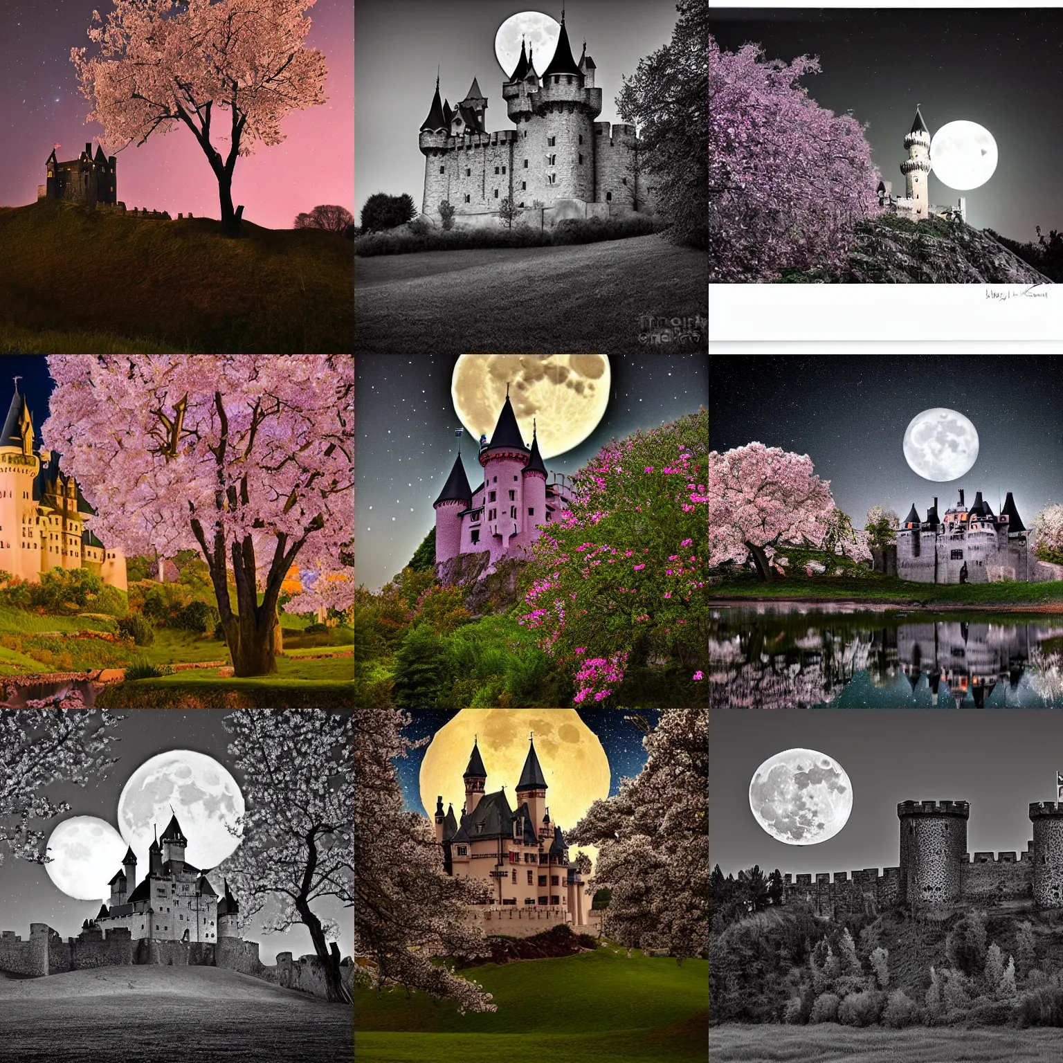 Prompt: a castle, cherry blossums, full moon, midnight, hd, award winning photo by Ian David Soar