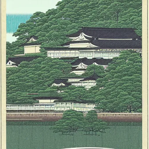 Prompt: a city full of various plants, Kawase Hasui,