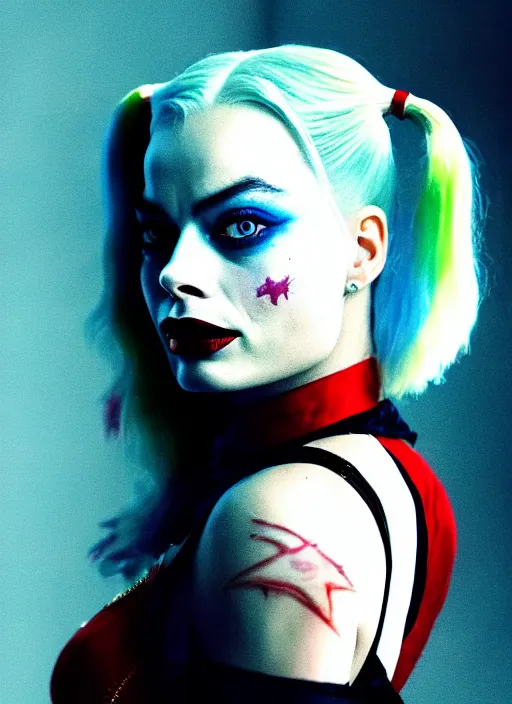 Image similar to 2 8 mm side portrait of beautiful suicide squad happy margot robbie with long white hair that looks like harley quinn, gotham city double exposure, angry frown, glamour pose, watercolor, frank miller, moebius, jim lee, annie leibowitz