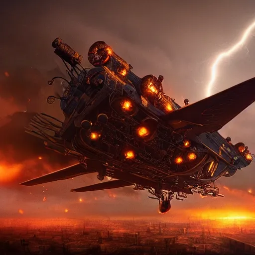 Image similar to a flying steampunk fortress, intricate, behrens style, octane render, fantasy digital art, beautiful composition, trending on artstation, night, meteors, lightning!!! storm, dramatic lighting, red glow, eldritch