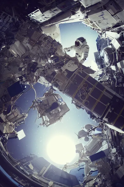 Prompt: an astronaut clining to the outside of a space station in space, orbiting the earth. the space station is breaking apart. photoreal. cinematic lighting vray render