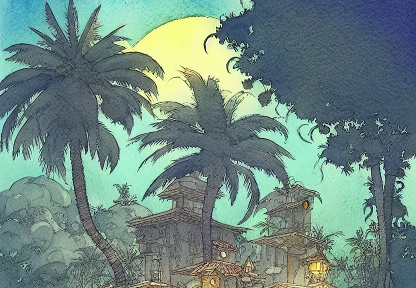 Prompt: a simple watercolor fantasy concept art of a dark grey cube next to a palm tree at night. by studio ghibli, rebecca guay, michael kaluta, charles vess