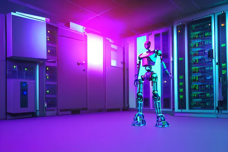 Image similar to full body robot picture, background is data server room, neon and dark, purple and blue color scheme, by dan mumford, global illumination ray tracing hdr render in unreal engine 5