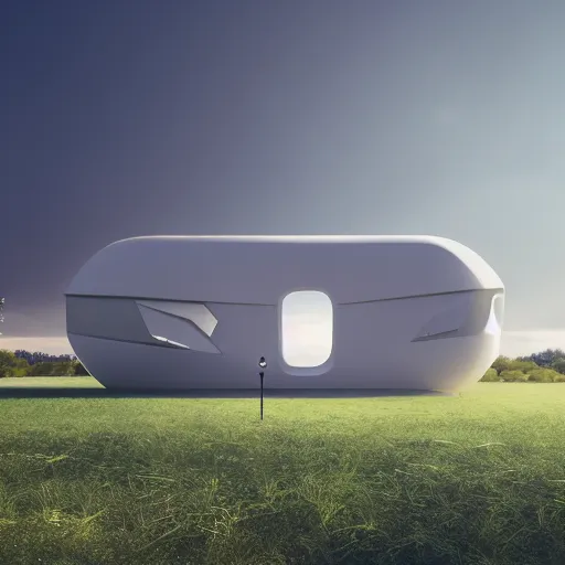 Prompt: a futuristic medium-sized home in the middle of an empty field, hyper-realistic, 4K resolution, dark cinematic, hyperrealism, volumetric lighting, ultra-detailed