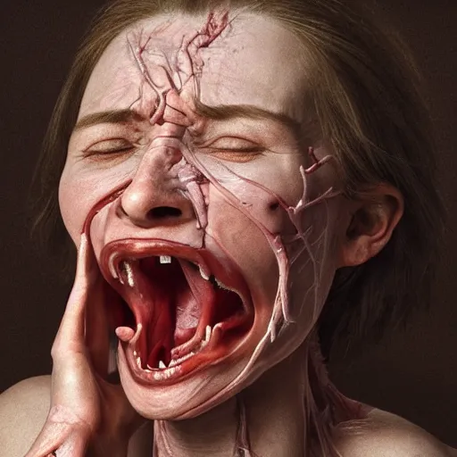 Image similar to female human screaming in pain while her skin crackles, arteries and bones and veins and nerves and muscles visible, beautiful detailed intricate insanely detailed octane render, 8K artistic photography, photorealistic, chiaroscuro, by David Cronenberg, Raphael, Caravaggio