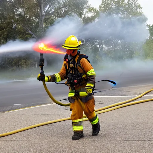 Prompt: a firefighter using a flamethrower