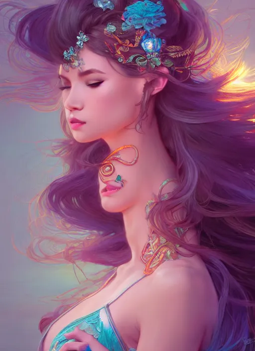 Image similar to beautiful dancer with long turqoise hair, cute, intricate, highly detailed, digital painting, trending on artstation, concept art, smooth, sharp focus, backlit, rim light, vivid colors, illustration, unreal engine 5, 8 k, art by rossdraws and alphonse mucha