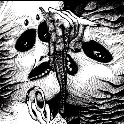 Image similar to two monstrous women kissing each other with long spiraling lips, eldritch abomination, horror manga illustration by junji ito, key visual, monochromatic