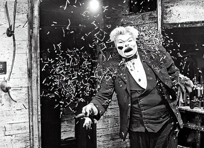 Image similar to photo still of rip taylor at a burning saloon 1 9 1 5!!!!!!!! at age 5 4 years old 5 4 years of age!!!!!!! throwing confetti from a bucket, 8 k, 8 5 mm f 1. 8, studio lighting, rim light, right side key light
