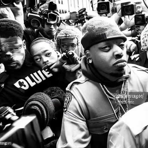 Image similar to rapper leaving a police station surrounded by paparazzi and fans after being arrested, ultra realistic, photorealistic, dynamic light, symmetry faces, cinematic