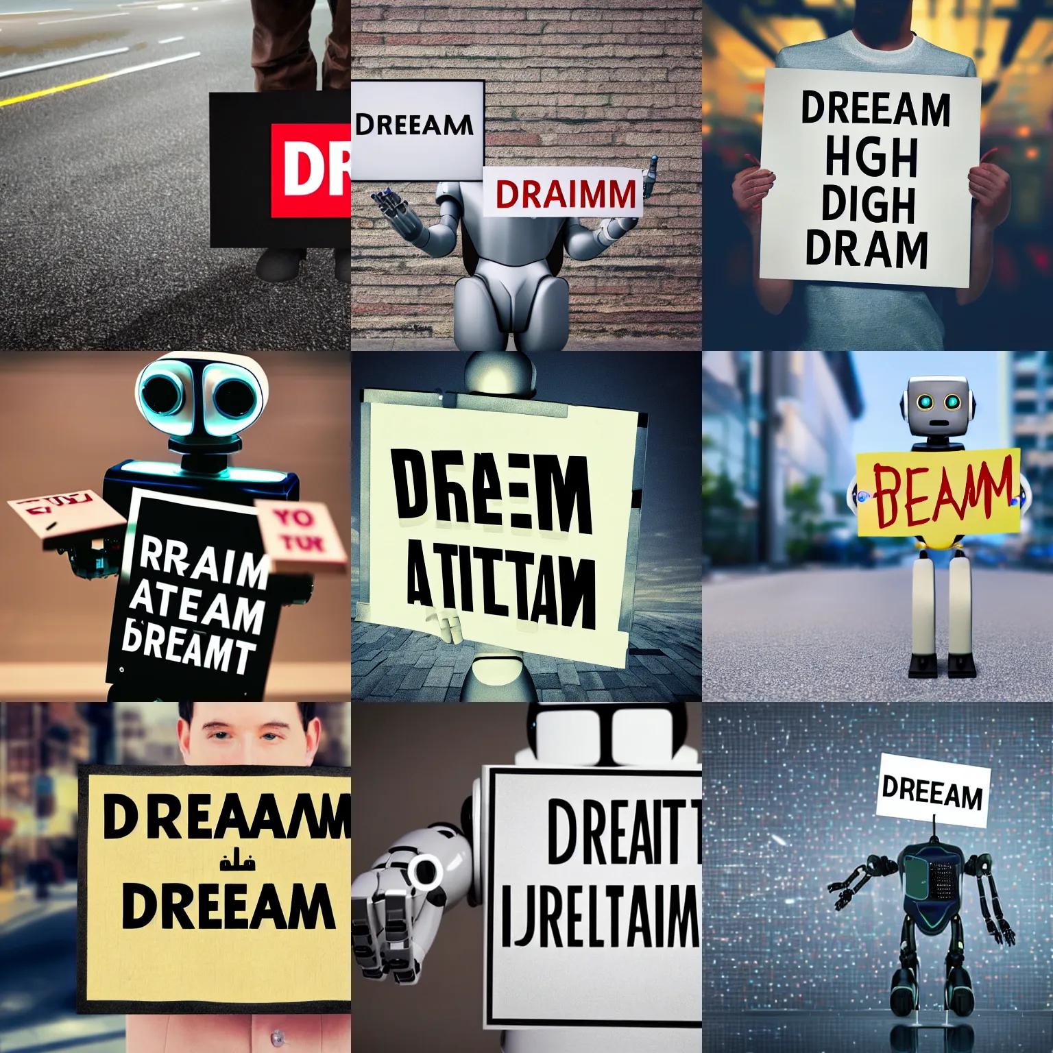 Image similar to realistic high quality photo of artificial intelligence robot holding a sign with text that reads : dream