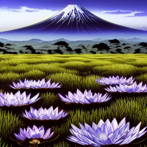 Prompt: a beautiful and detailed picture of a field of black lotus flowers with petals in a fibonacci sequence around mount fuji, in the style of magic the gathering, highly detailed, digital painting, god rays, volumetric lighting, octane render, 4 k resolution, art by hokusai and albert bierstadt