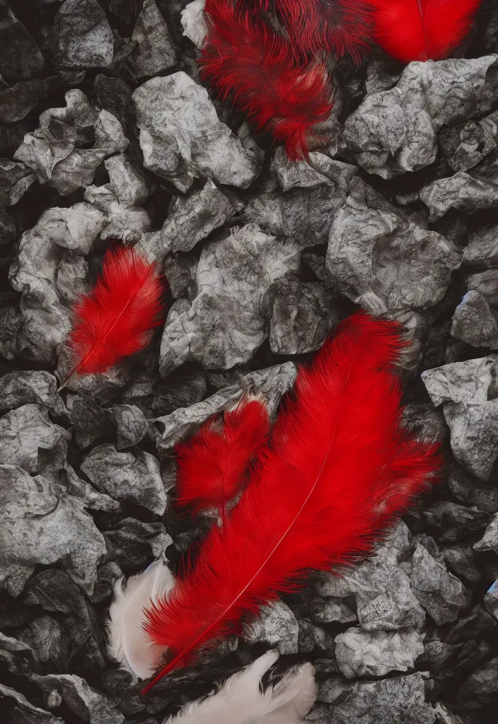 Prompt: translucent human skin. human heart. wildlife photography. animal fur. feathers. conglomerate rock. coal. red flowers. spotted translucent leaves. white bones. made of glass. animal fat complementary color scheme, rendered in octane, smooth gradients