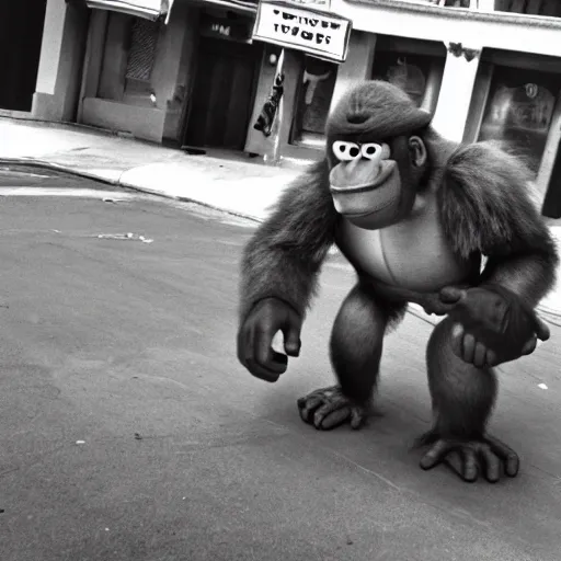 Prompt: cctv still of donkey Kong spotted in real life