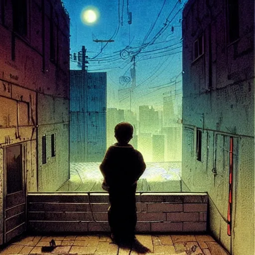 Prompt: a small blonde child staring up at a wall mural in an impoverished sci - fi cyberpunk tenement violent dirty alley, at night, neon, retrofuture, science fiction, illustration, caspar david friedrich, michael whelan, ron cobb