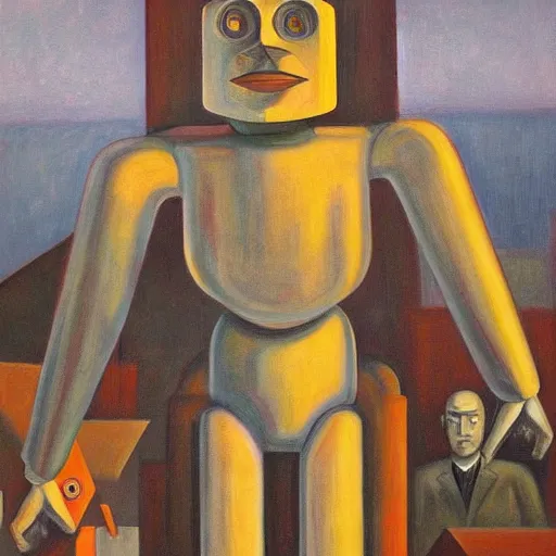 Image similar to brutalist giant sacred robot visage, portrait, cathedral, dystopian, pj crook, edward hopper, oil on canvas