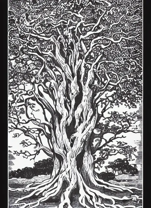 Prompt: gnarled ancient oak tree of life with roots wrapped in an open book, art by james o barr and albrecht durer, woodblock print, engraved, black and white, vector, vector art