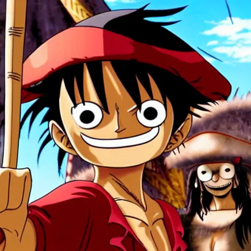 Prompt: Monkey D Luffy with Captain Jack Sparrow's outfit