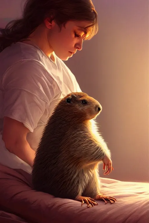 Image similar to drug addict groundhog lies on the bed, realistic portrait, highly detailed, digital painting, artstation, concept art, smooth, sharp focus, illustration, cinematic lighting, art by artgerm and greg rutkowski and alphonse mucha