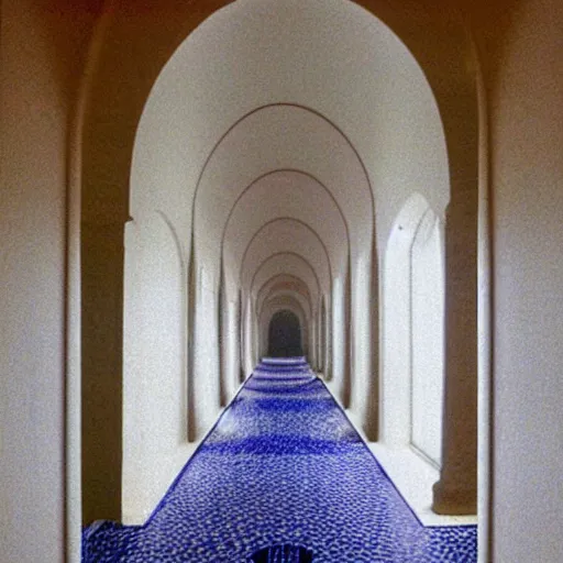 Image similar to Beautiful Fuzzy wide-eye-lens 15mm, harsh flash, cameraphone 2002, Photograph of an tiled infinite foggy liminal pool hallway with archways and water on the floor