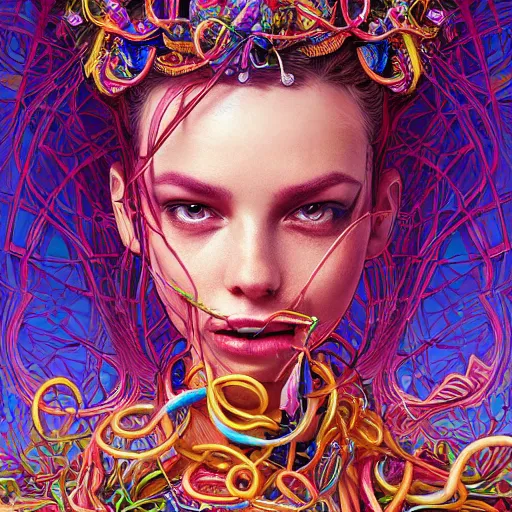 Prompt: the portrait of a ridiculously beautiful and elegant european woman partially made of onion rings of all colors, an ultrafine detailed illustration by james jean, final fantasy, intricate linework, bright colors, behance contest winner, vanitas, angular, altermodern, unreal engine 5 highly rendered, global illumination, radiant light, detailed and intricate environment