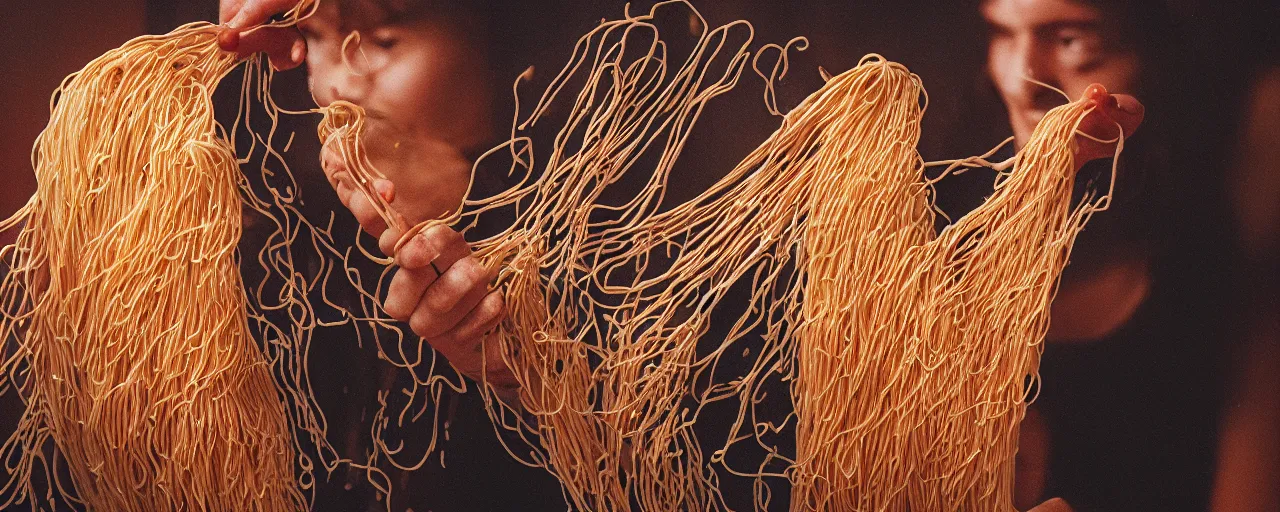 Prompt: an artist painting with spaghetti on a canvas, canon 5 0 mm, cinematic lighting, photography, retro, film, kodachrome, closeup